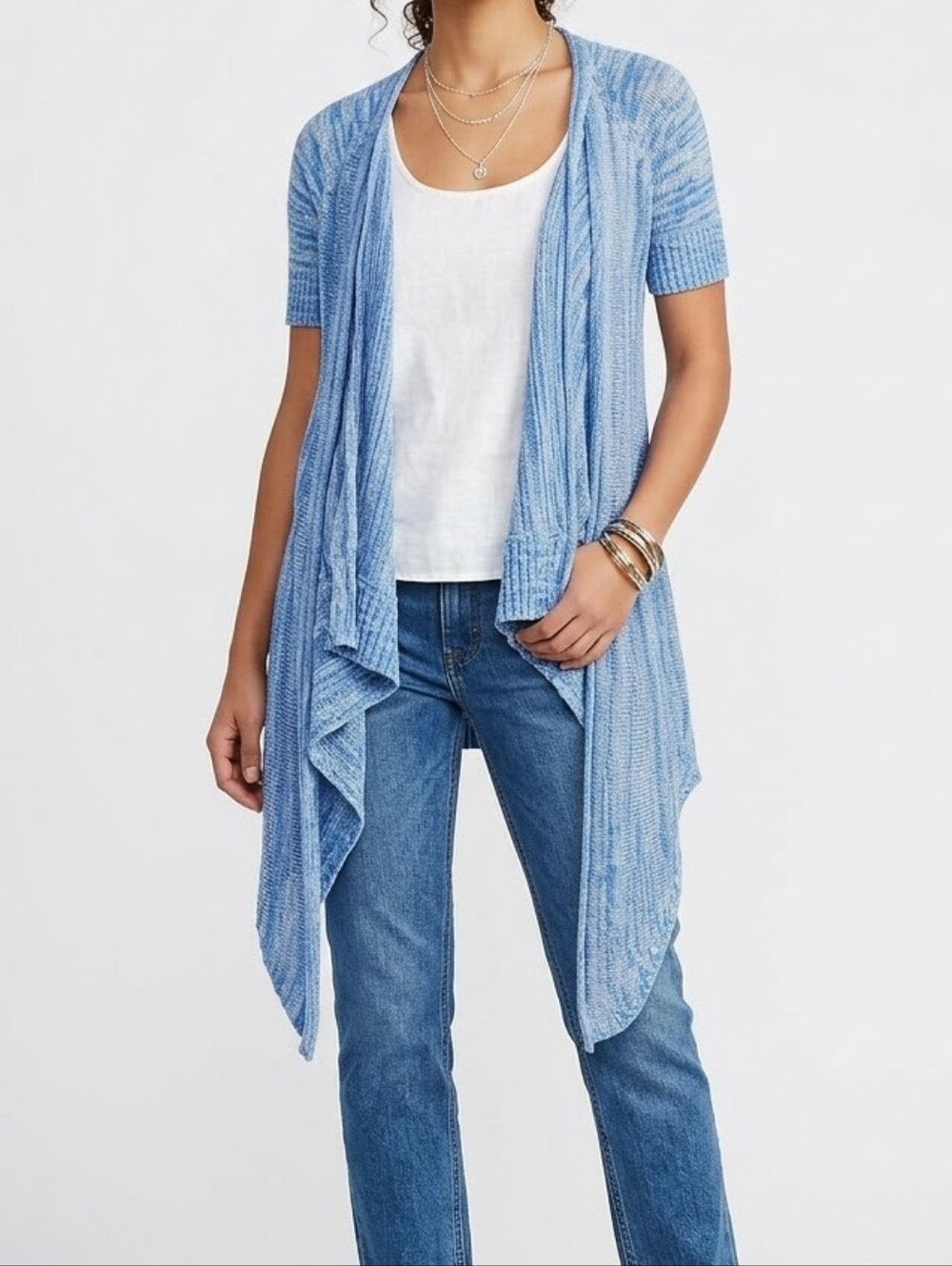 Vintage Free People Blue Marl Open Front Waterfall Draped Cardigan L